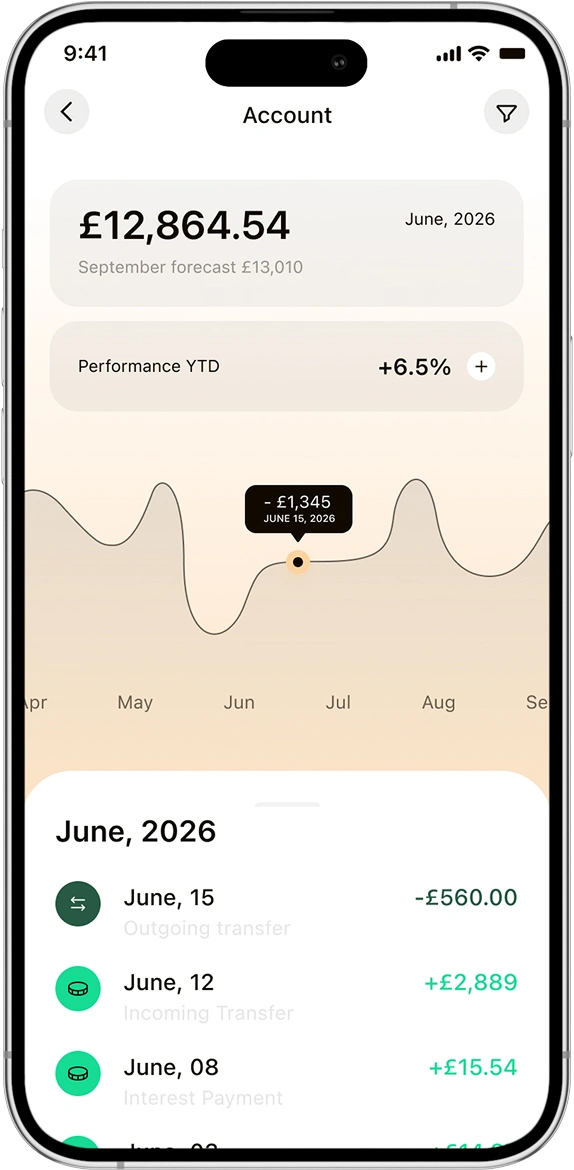 The Riff app showing a savings account balance and recent transfers