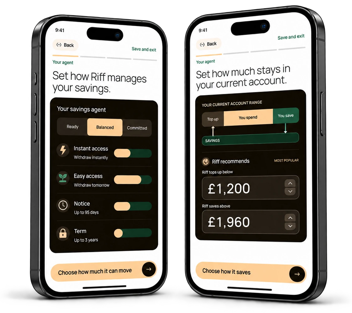 Riff app screens showing current-account limits and savings preferences.